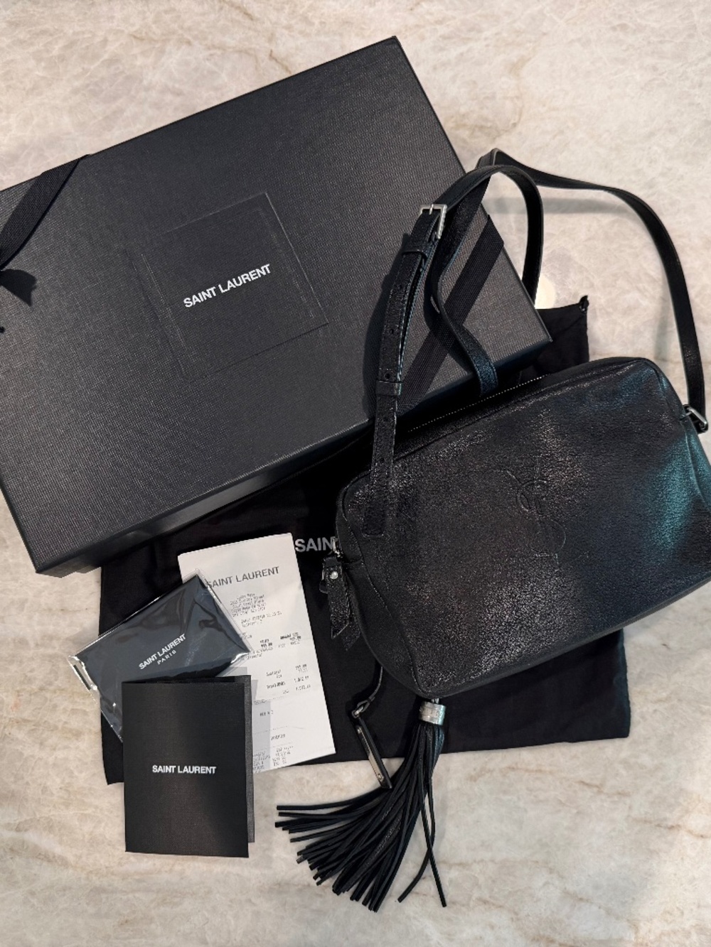 Saint Laurent YSL Lambskin Monogram Small Lou Camera Bag Black